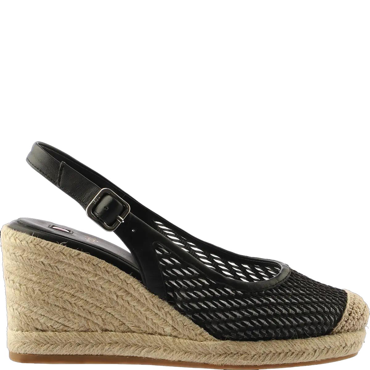 Crna mrežasta sandala na espadrille platformi s remenom i kopčom, bočni pogled
