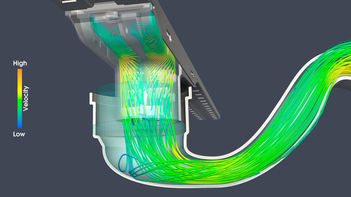 3D simulacija brzine protoka vode kroz podni sifon kupaonske tuš kanalice s prikazom hidrauličkih linija strujanja.