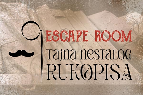 Plakat za escape room Tajna nestalog rukopisa s ilustracijom monokla i brkova