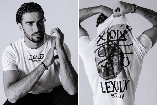 Muška bijela pamučna majica kratkih rukava s grafikom križić-kružić brenda Lexalex Studio u crno-bijelom prikazu.
