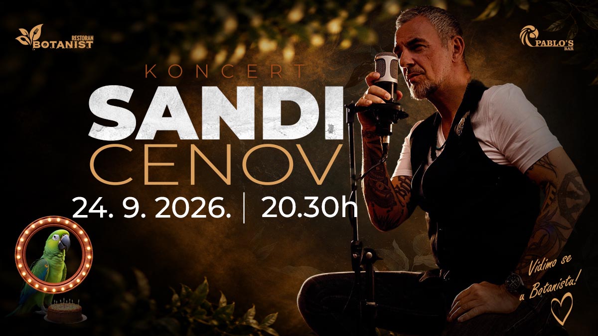 Najavni plakat za koncert Sandija Cenova u restoranu Botanist s datumom i vremenom