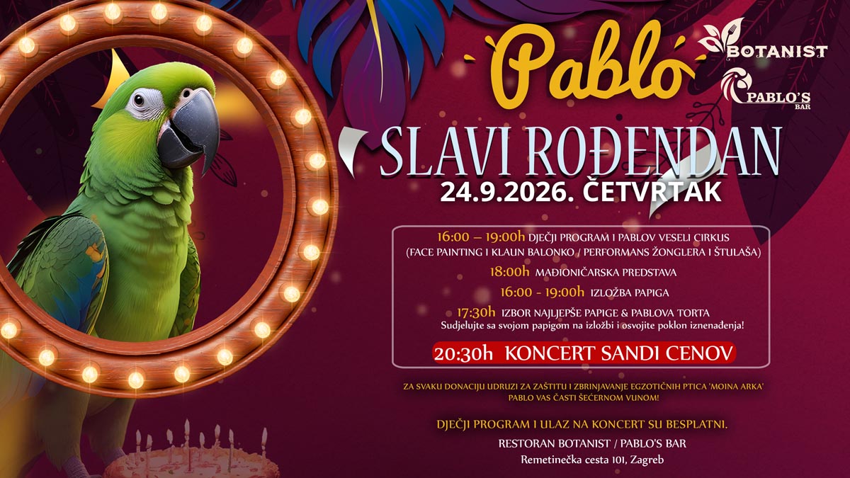 Plakat s rasporedom proslave za Pablo slavi rođendan u restoranu Botanist