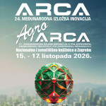 Plakat za ARCA i Agro ARCA sajam inovacija u Nacionalnoj i sveučilišnoj knjižnici u Zagrebu s prikazom futurističke kugle