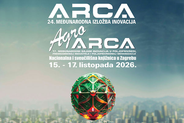 Plakat za ARCA i Agro ARCA sajam inovacija u Nacionalnoj i sveučilišnoj knjižnici u Zagrebu s prikazom futurističke kugle