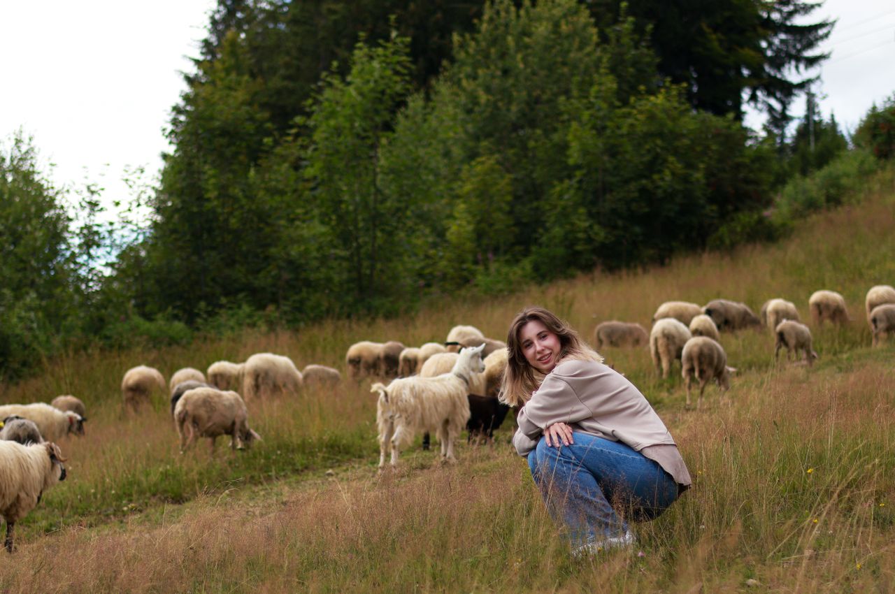 Nasmijana djevojka u trenirci čuči na travnatoj padini okružena stadom ovaca i koza