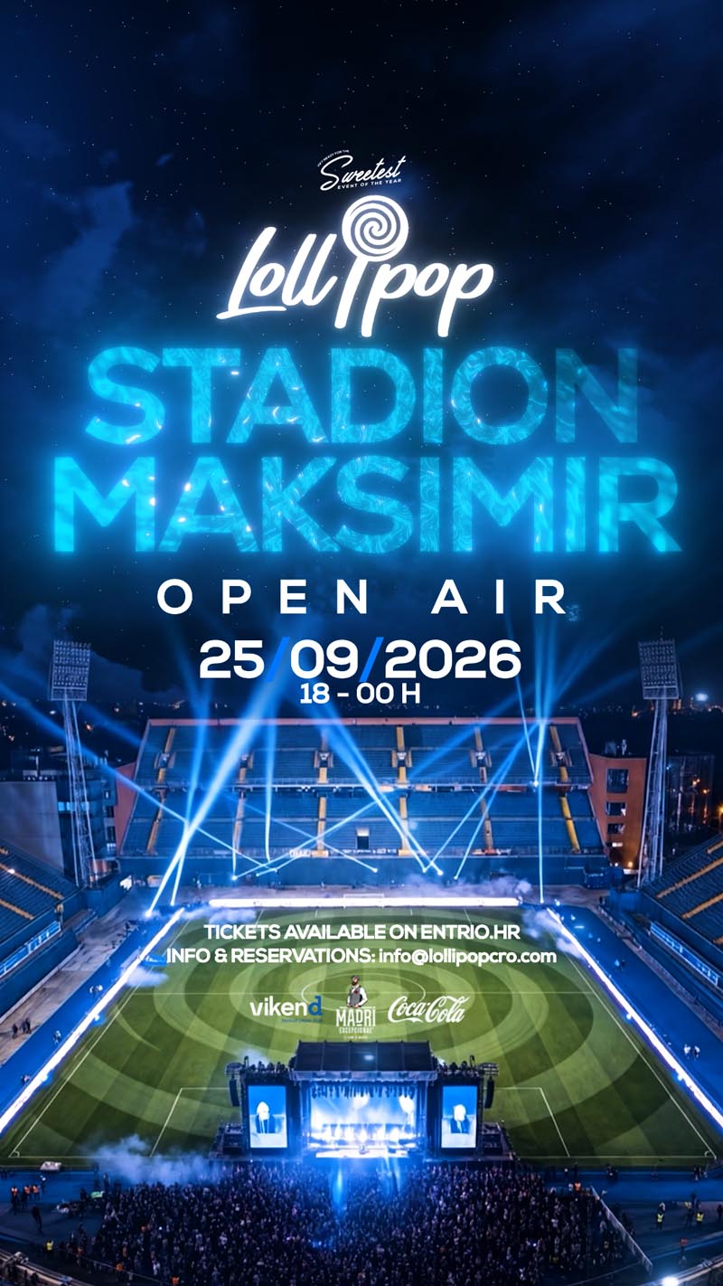 Vertikalni plakat za Lollipop open air na Maksimiru s prikazom velike pozornice