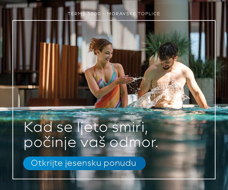 pocetna na ovu sliku stavi link na Terme 3000 Promotivni plakat za Terme 3000 Moravske Toplice prikazuje nasmijani par koji se zabavlja prskajući se vodom u bazenu