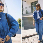 Ulična moda: žena u Reserved plavoj traper jakni s visokim ovratnikom, trapericama širokih nogavica i sunčanim naočalama