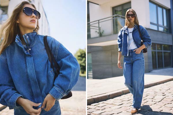 Ulična moda: žena u Reserved plavoj traper jakni s visokim ovratnikom, trapericama širokih nogavica i sunčanim naočalama