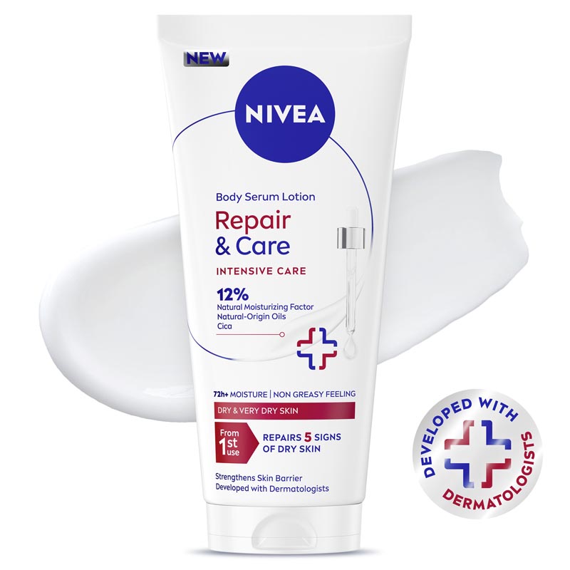 Nivea Repair and Care losion u tubi ispred razmazane teksture bijele kreme