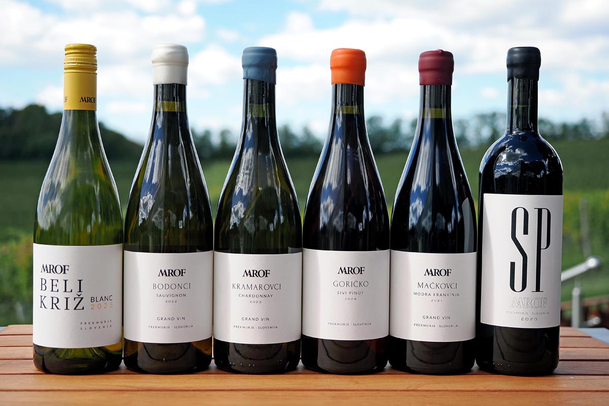 Šest različitih butelja vina Marof poslaganih u niz na drvenom stolu s vinogradom u pozadini