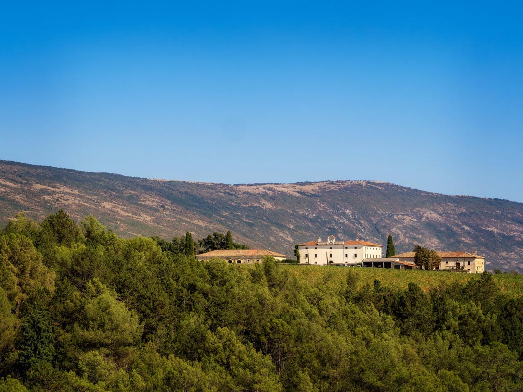 Dvorac Belaj okružen zelenom šumom i vinogradima podno planine Učke pod vedrim plavim nebom