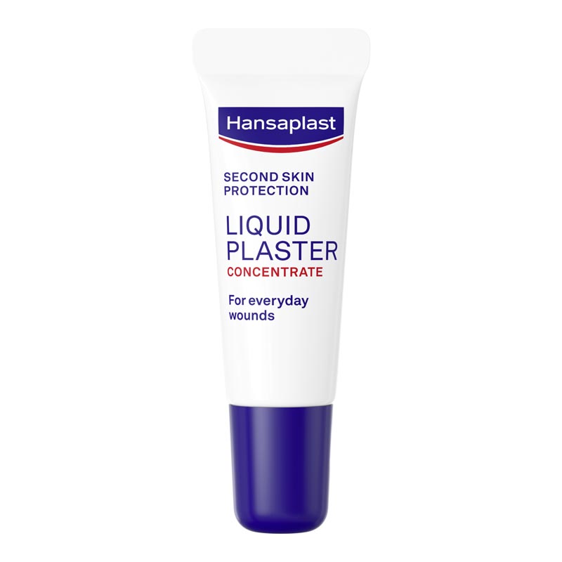 Bijela tuba Hansaplast tekućeg flastera s plavim poklopcem i natpisom Liquid Plaster Concentrate na čistoj pozadini