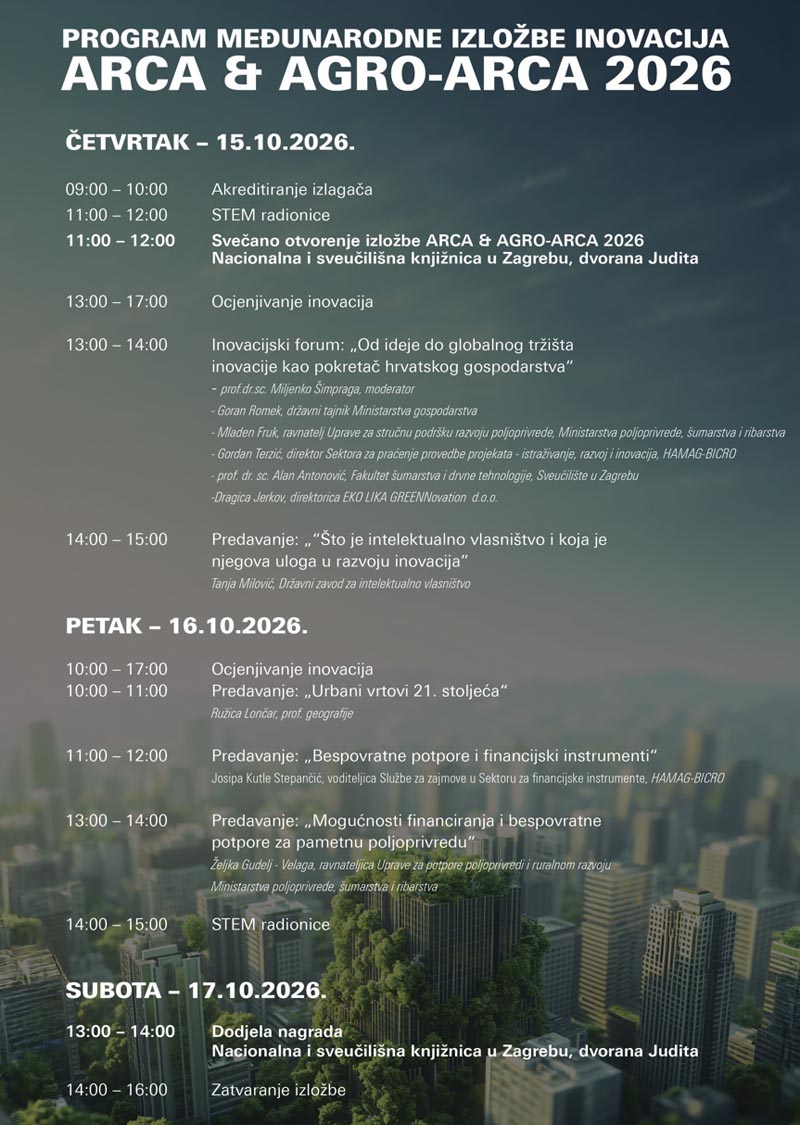 Službeni raspored i satnica trodnevnog programa međunarodne izložbe inovacija ARCA i AGRO-ARCA 2026