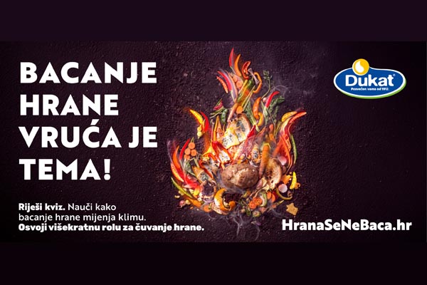 Dukatov vizual kampanje Hrana se ne baca s natpisom bacanje hrane vruća je tema i povrćem u obliku plamena