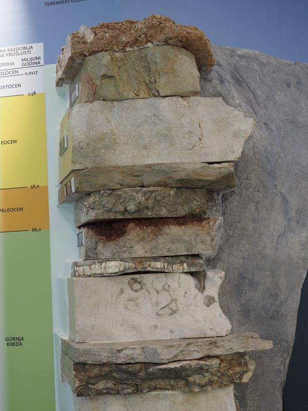 Geološki stup s naslaganim uzorcima stijena iz razdoblja gornje krede i paleocena u Prirodoslovnom muzeju Metković