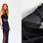 Model u crnoj slip haljini od satena i čipke pokraj detaljnog prikaza teksture i kroja