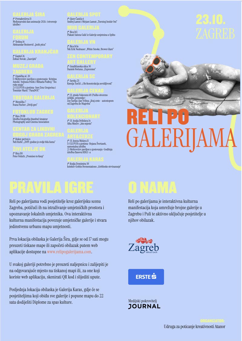Plakat manifestacije Reli po galerijama u Zagrebu s popisom lokacija, pravilima igre i logotipima sponzora